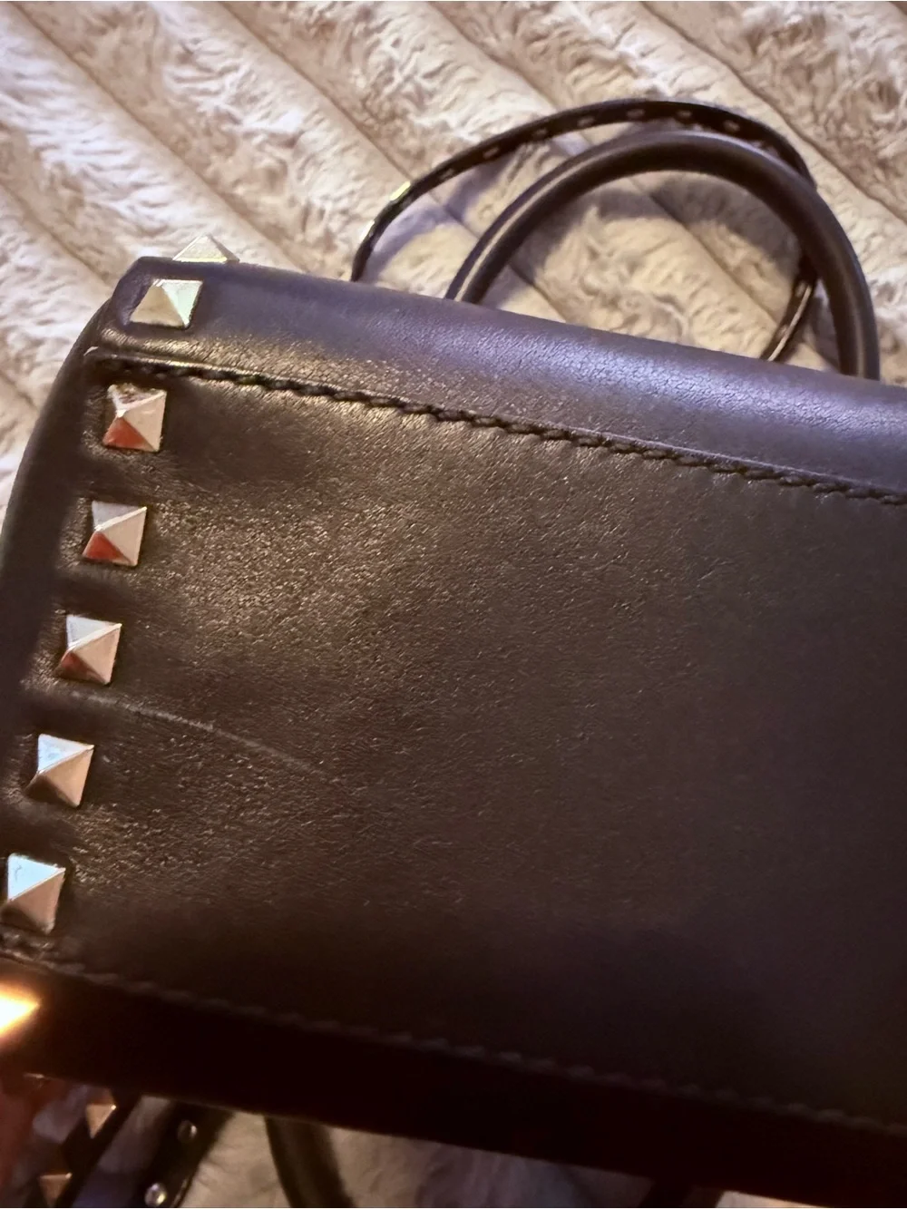 Valentino Black Leather Pyramid-Stud Tote with Gold Hardware